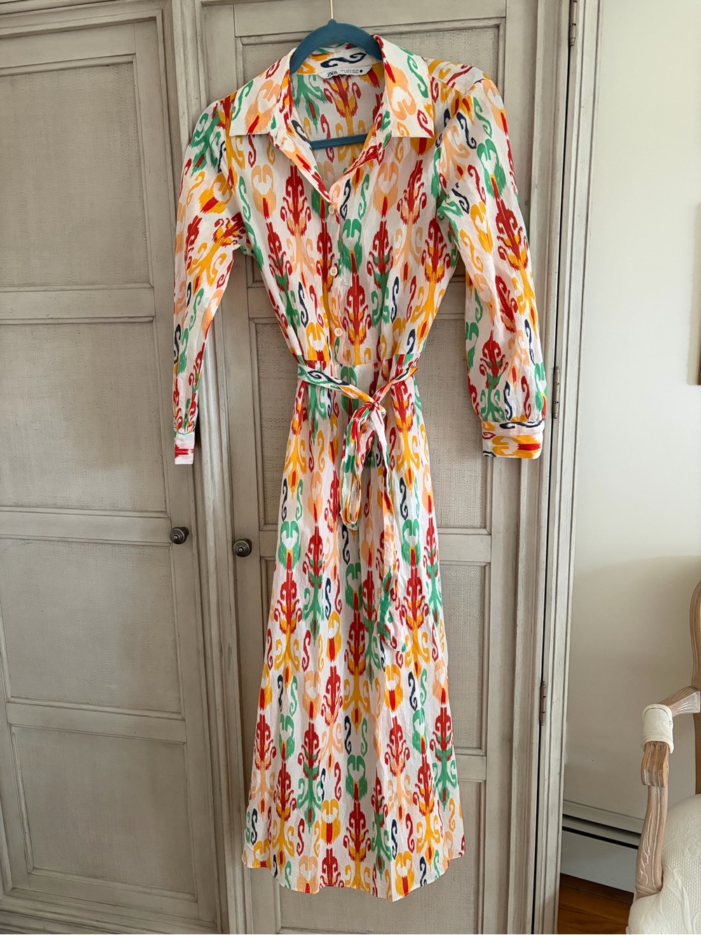 Zara Multicolor Ikat Maxi Shirt Dress with Waist Tie